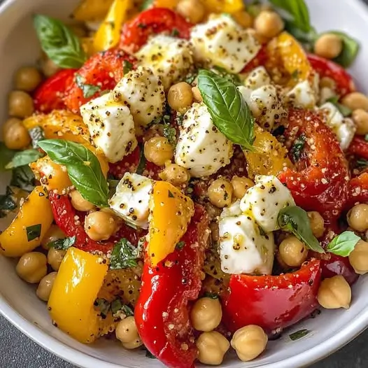 Salade Estivale Poivrons Rôtis, Pois Chiches et Mozzarella Croustillante