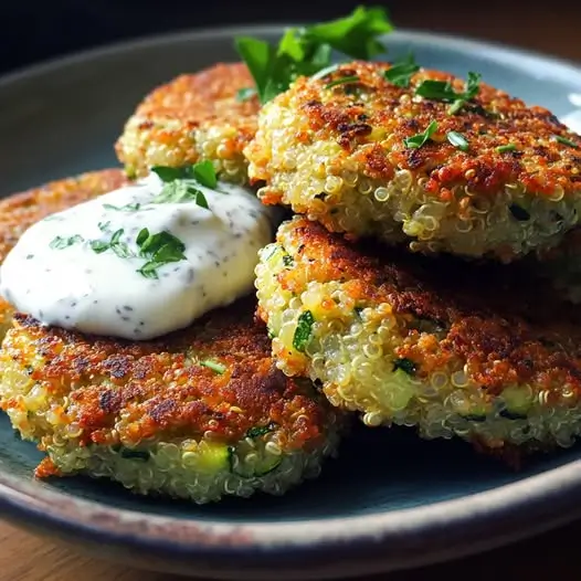 Galettes de Quinoa, Courgette et Herbes du Jardin, Sauce Yaourt-Citron