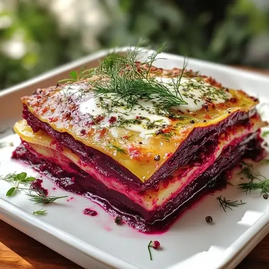 Lasagnes Froides de Betterave, Boulgour & Sauce Fromage Blanc à l'Aneth