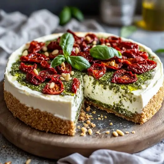 Cheesecake Frais Mozzarella, Tomates Confites et Pesto de Basilic