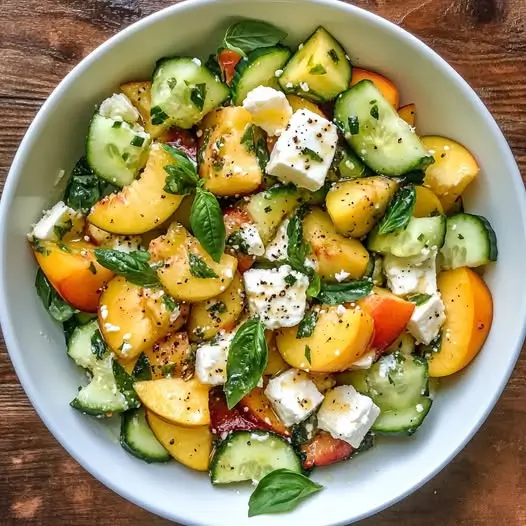 Salade de Nectarines, Concombre et Feta, Vinaigrette au Miel et Basilic