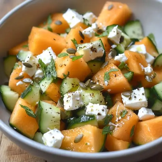 Salade de Melon, Concombre, Feta et Graines de Courge