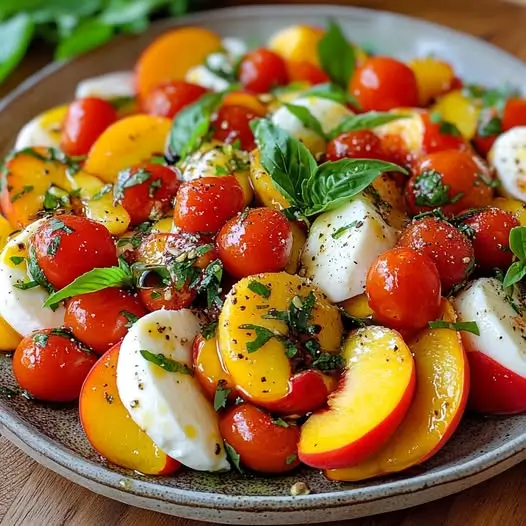 Salade de Pêches, Tomates Cerises et Mozzarella, Vinaigrette au Basilic