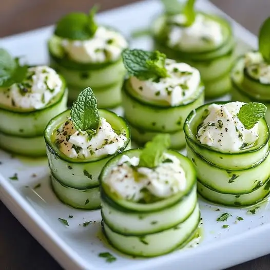 Roulés de Concombre au Chèvre Frais et Pesto de Basilic Mentholé