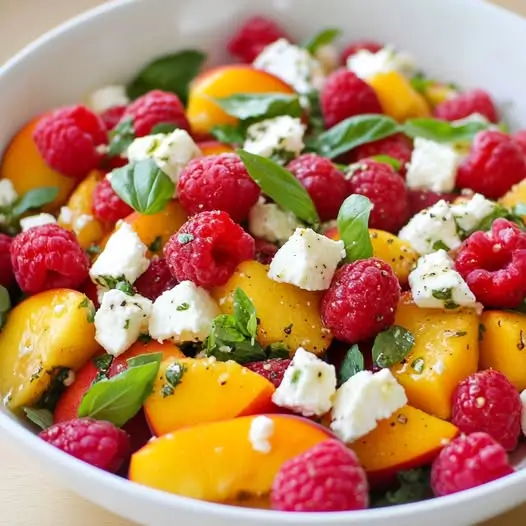 Salade de Framboises, Pêches et Feta, Vinaigrette Citron-Basilic