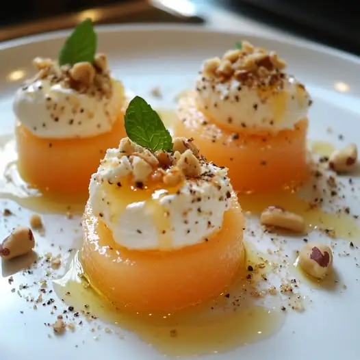 Timbale de Melon, Chèvre Frais et Noisettes Grillées au Miel