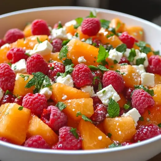 Salade de Melon, Framboises & Feta, Vinaigrette à l’Orange Douce
