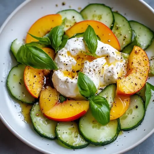 Salade Rafraîchissante Pêche Blanche, Concombre et Burrata, Vinaigrette Balsamique Fruitée