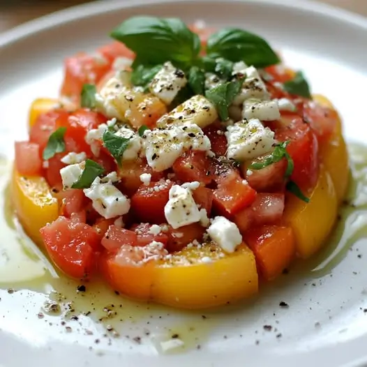 Tartare de Pêches, Tomates et Feta, Sauce au Basilic et Huile d’Olive Vierge