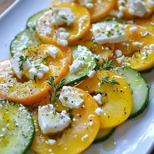 Carpaccio de Nectarine, Feta et Concombre, Vinaigrette au Thym Citronné