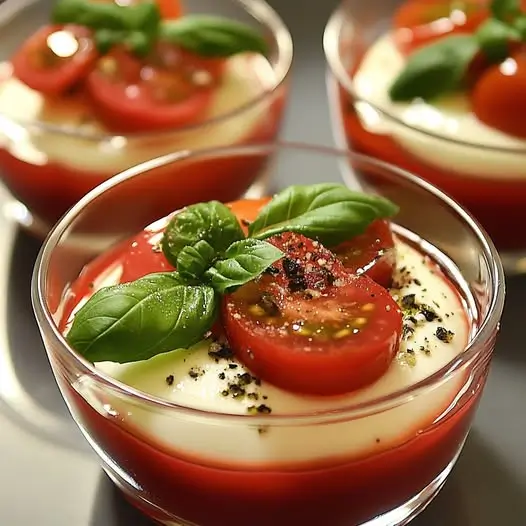 Panna Cotta Salée à la Tomate, Basilic et Crème de Mozzarella