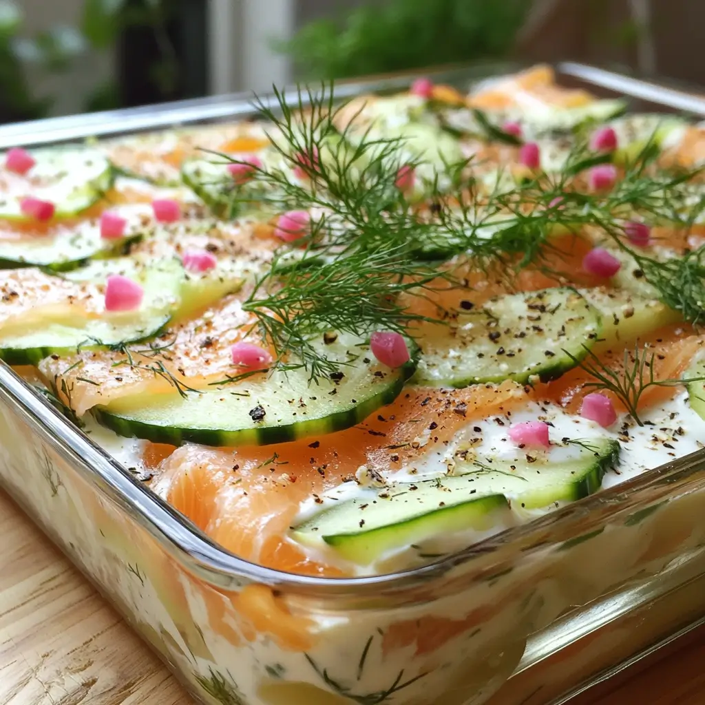 Lasagnes Froides Concombre, Saumon et Sauce Citron-Aneth