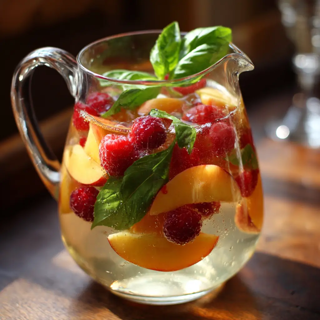 Sangria Blanche aux Nectarines, Framboises & Feuilles de Basilic