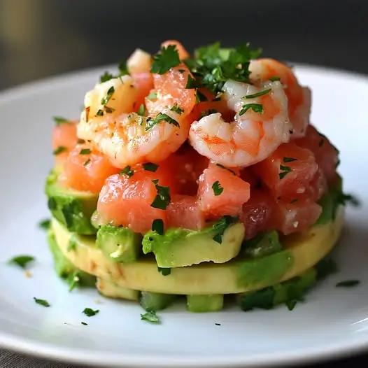 Timbale d'Avocat, Pamplemousse Rose et Crevettes Marinées