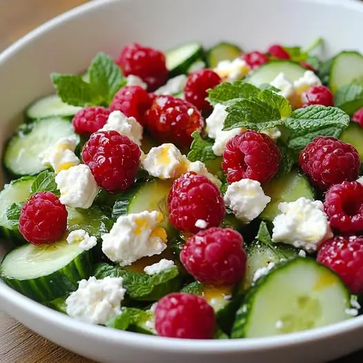 Salade de Framboises, Concombre & Chèvre Frais, Vinaigrette à l’Orange Douce