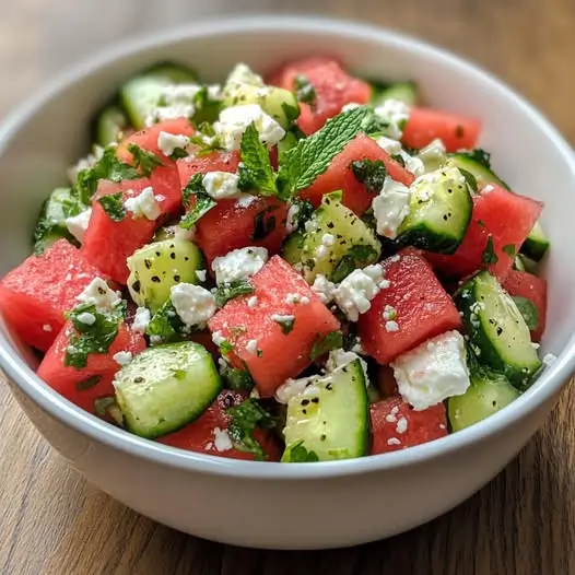 Salade de Pastèque, Concombre et Feta, Vinaigrette au Citron Vert et Menthe Fraîche