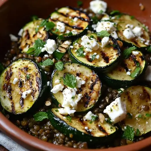 Salade Tiède de Courgettes Grillées, Lentilles et Feta au Citron