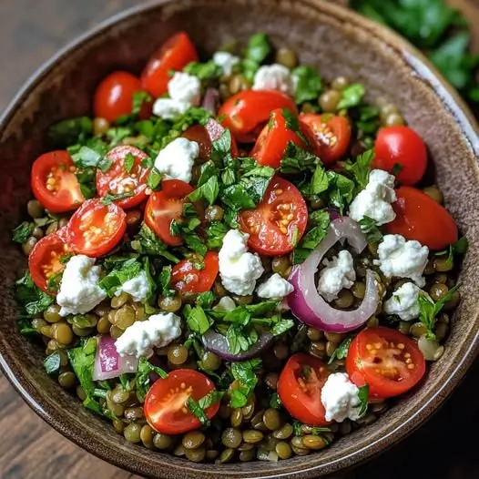 Salade de Lentilles, Tomates Cerises et Chèvre Frais, Vinaigrette au Citron Vert