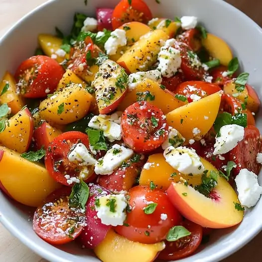 Salade de Tomates Multicolores, Pêche Blanche et Feta, Vinaigrette au Miel de Thym