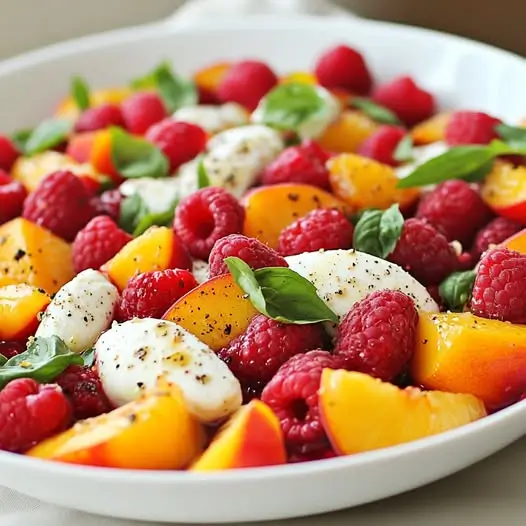 Salade de Nectarines, Framboises et Mozzarella, Vinaigrette à l’Orange