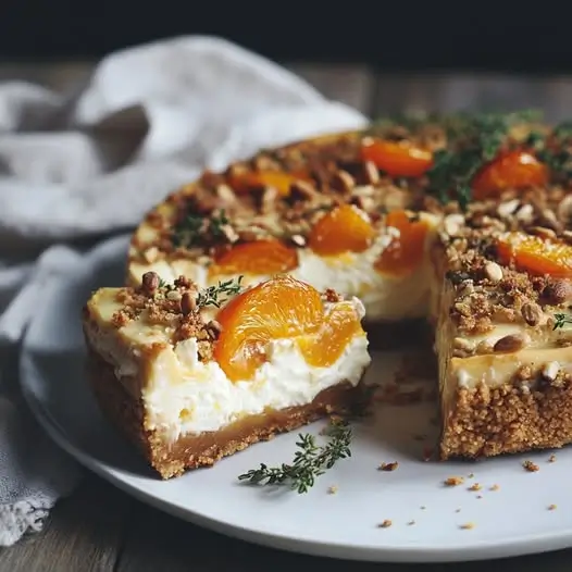 Cheesecake Salé Abricot Rôti, Feta Fouettée et Crumble de Pignons Grillés