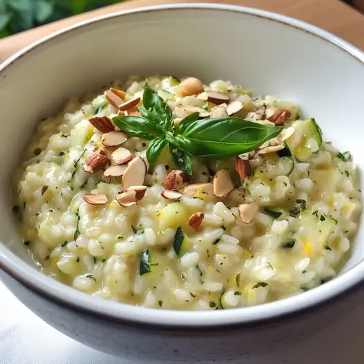 Risotto d’Été Courgette, Basilic et Zeste de Citron, Amandes Grillées