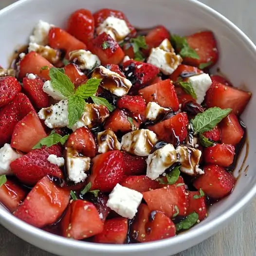 Salade de Pastèque, Fraises & Feta, Vinaigrette Balsamique