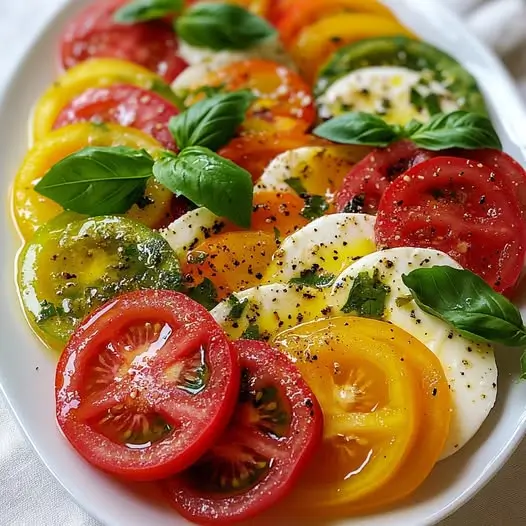 Carpaccio de Tomates Ancestrales et Mozzarella, Huile au Basilic et Zeste de Citron