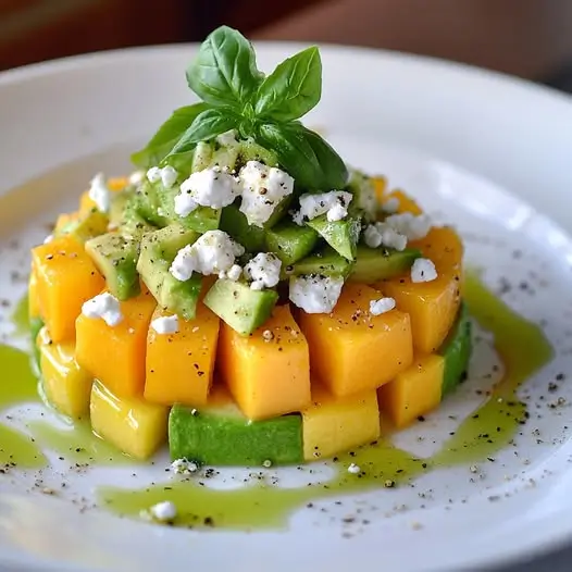 Tartare de Pêches Jaunes, Avocat et Chèvre Frais au Basilic