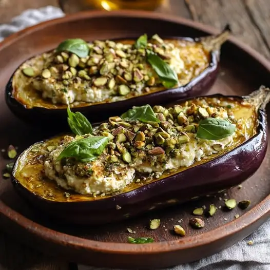 Aubergine Fondante au Four, Farcie Ricotta, Basilic et Pistaches
