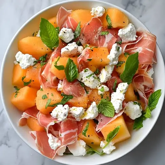 Salade d’Été Melon, Jambon Cru & Chèvre Frais, Vinaigrette au Miel