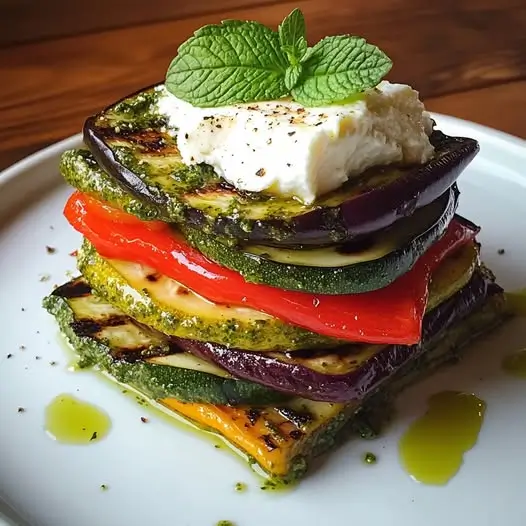 Millefeuille de Légumes Grillés, Burrata et Pesto de Menthe