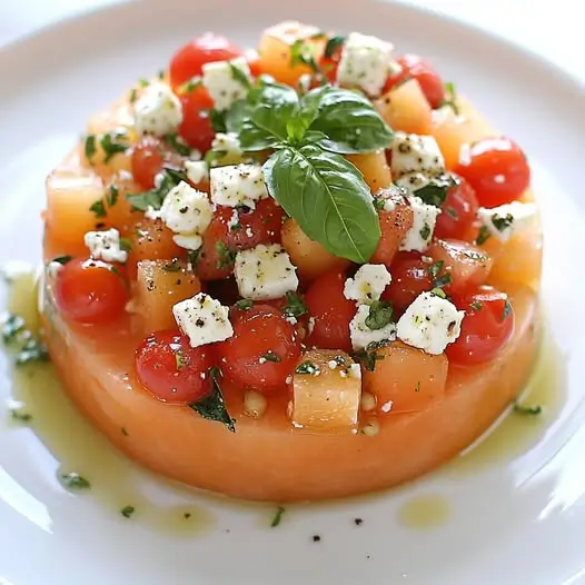 Tartare de Melon, Tomates et Feta, Vinaigrette au Basilic et Citron Vert