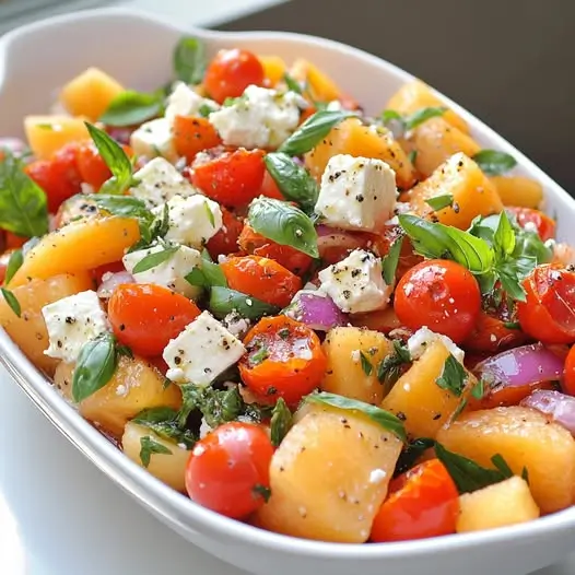 Salade Tiède de Melon, Tomates Rôties et Feta, Vinaigrette au Basilic
