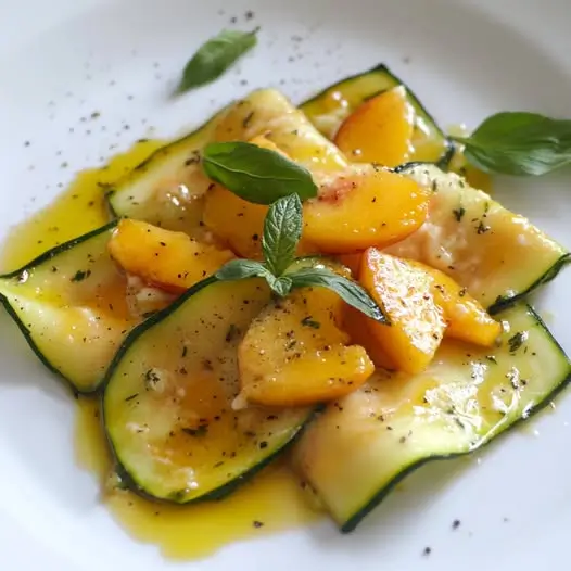 Ravioles Froides de Courgette, Cœur Pêche Ricotta et Huile de Romarin