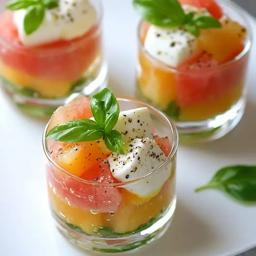 Verrines Melon-Pastèque, Mozzarella et Basilic, Vinaigrette au Miel Doux