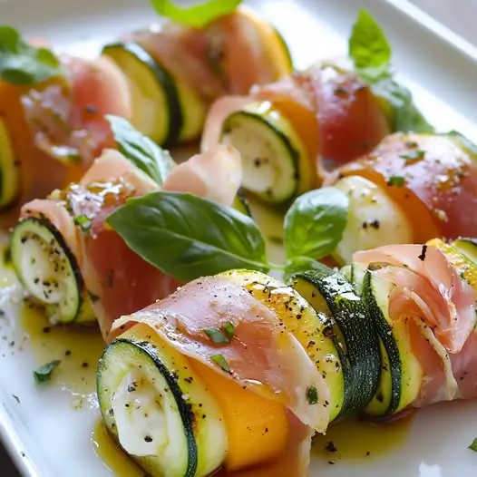 Roulés de Courgette Grillée au Jambon Cru, Melon et Mozzarella