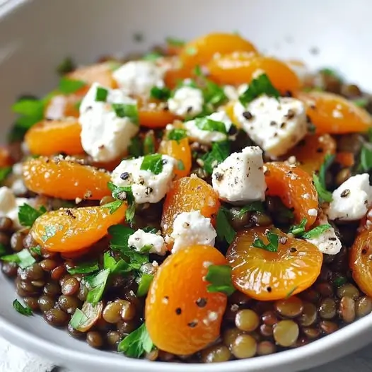 Salade Tiède de Lentilles Vertes, Abricots Confits et Fromage de Chèvre