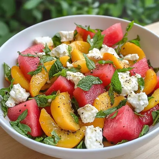 Salade de Pastèque, Nectarines et Chèvre Chaud, Vinaigrette à l'Orange et Menthe