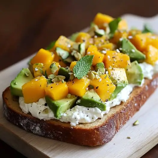 Tartine Froide Avocat Mangue, Crème Feta Menthe et Gomasio de Pistache
