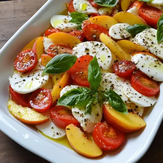 Tian Froid de Pêches Blanches, Tomates Cerises et Mozzarella au Basilic