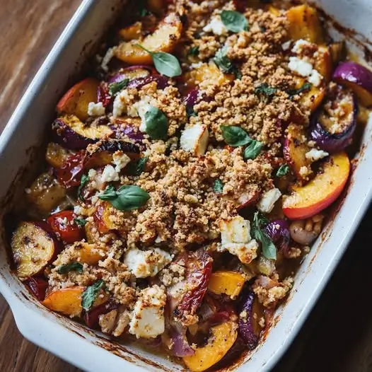 Crumble Salé d'Aubergines, Tomates Confites, Pêches Grillées et Feta