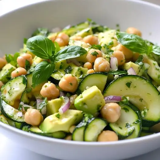 Salade de Courgettes Crues, Pois Chiches, Avocat et Basilic, Vinaigrette Citronnée