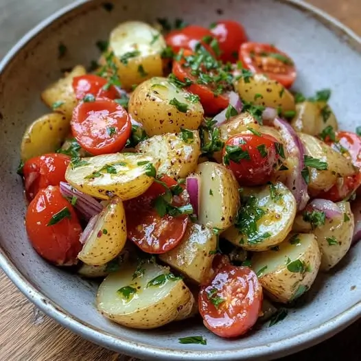 Salade Tiède de Pommes de Terre Nouvelles, Tomates Cerises et Sauce à la Moutarde Douce