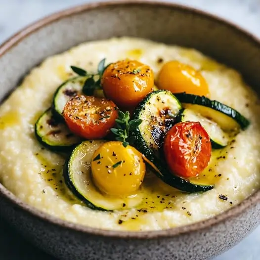 Polenta Crémeuse au Lait de Coco, Courgette Rôtie et Tomates Jaunes Confites