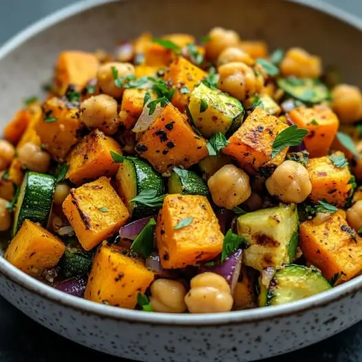 Poêlée Express Courgette, Patate Douce et Pois Chiches au Cumin et Citron Confit