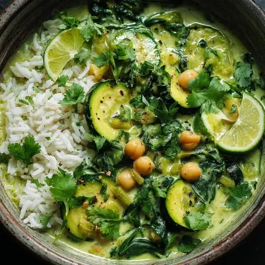 Curry d’Épinards, Courgettes et Pois Chiches au Lait de Coco et Citron Vert