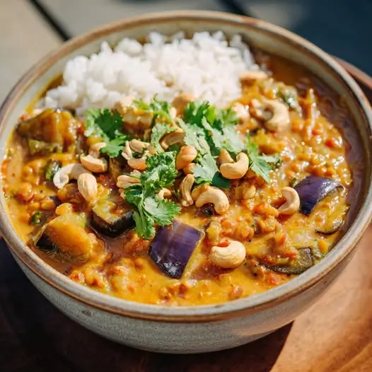 Curry Rouge d’Aubergines, Lentilles Corail et Noix de Cajou