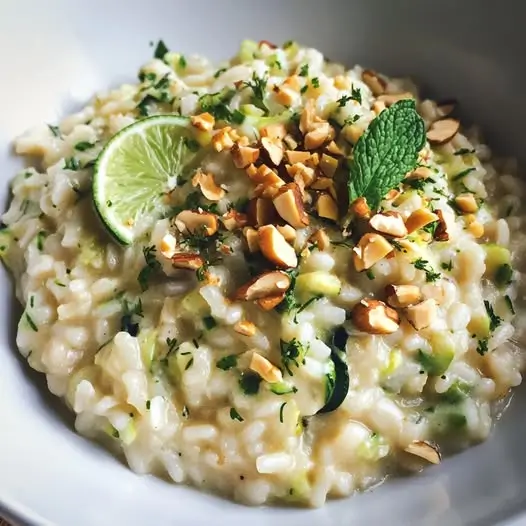 Risotto au Lait de Coco, Courgette Râpée, Citron Vert et Noisettes Grillées