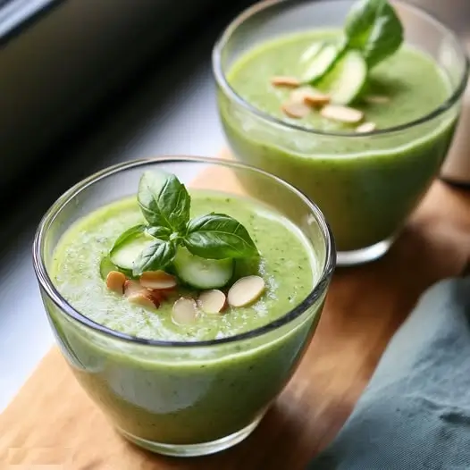 Gaspacho de Courgette Crue, Basilic, Concombre et Amande, Finition Menthe Glaçée